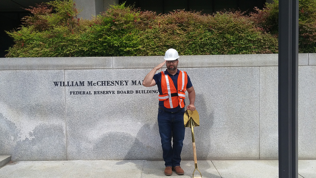 Samuel participating in the groundbreaking of the renovation of the Federal Reserve Martin Building