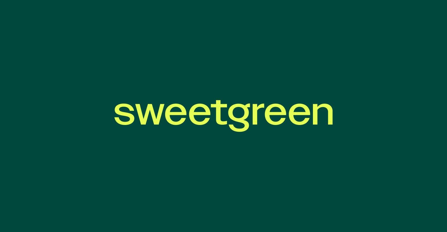 Sweetgreen's logo with yellow text against a green background.