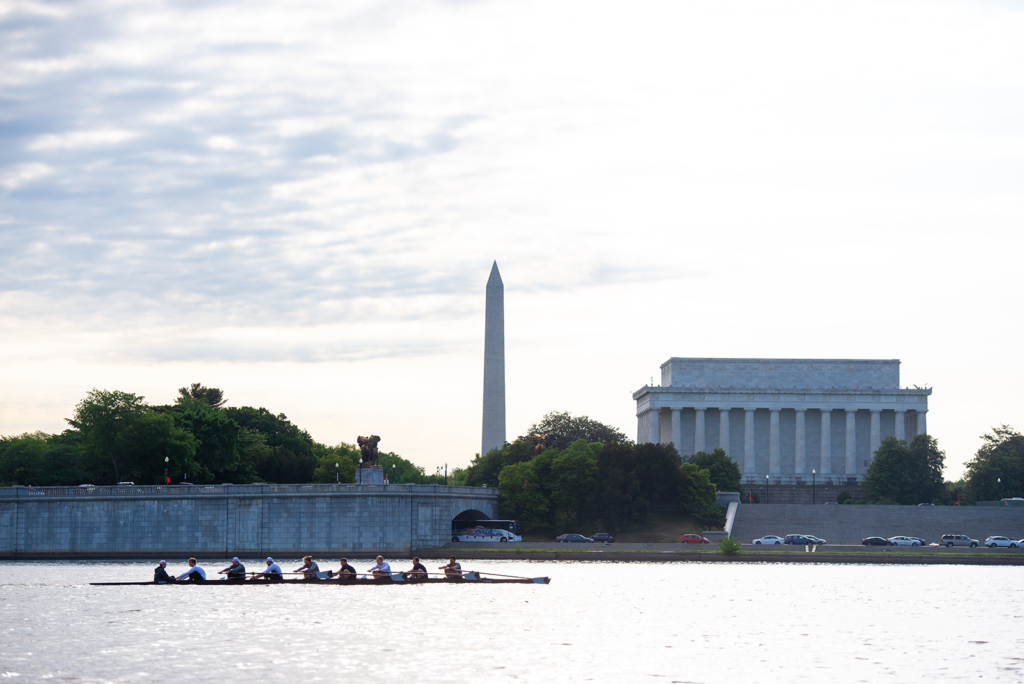 Rowers rowing on Potomac past washington monument and lincoln memorial