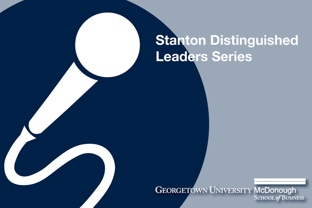 Stanton Distinguished Leaders Series podcast cover with microphone
