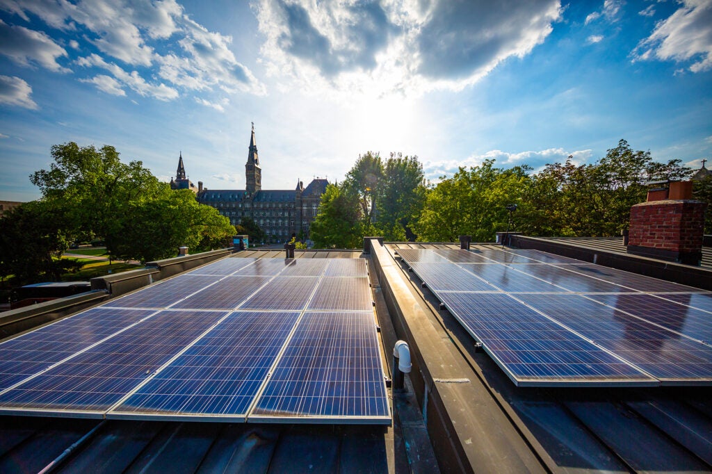 Georgetown's campus reflected in it's many solar panels