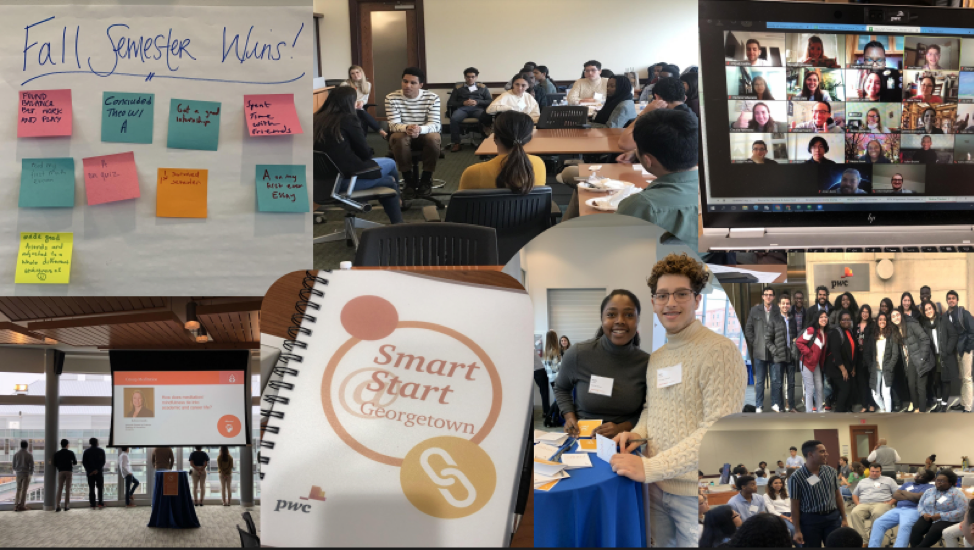 undergraduate students sitting around table and smart start pamphlet