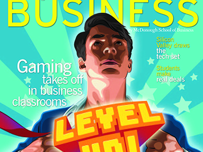 Spring 2013 Business Magazine Cover Story Gaming takes off in business classroom with superman like figure