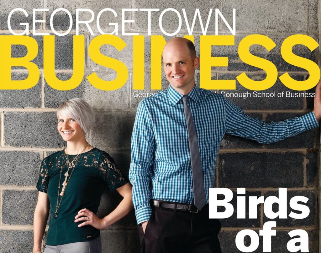 Fall 2018 Business Magazine cover with MBA alumni Kelsey Lents and JP Coakley