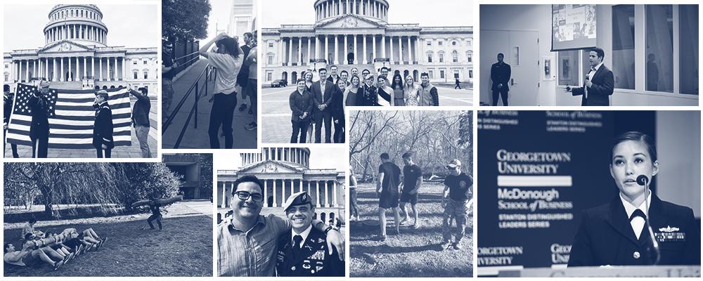 collage of students in front of capital and presenting in military uniform