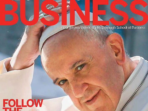 Fall 2015 Business Magazine cover with Pop Francis