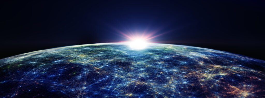 Connection lines Around Earth Globe, Futuristic Technology Theme Background with Light Effect, 3D illustration