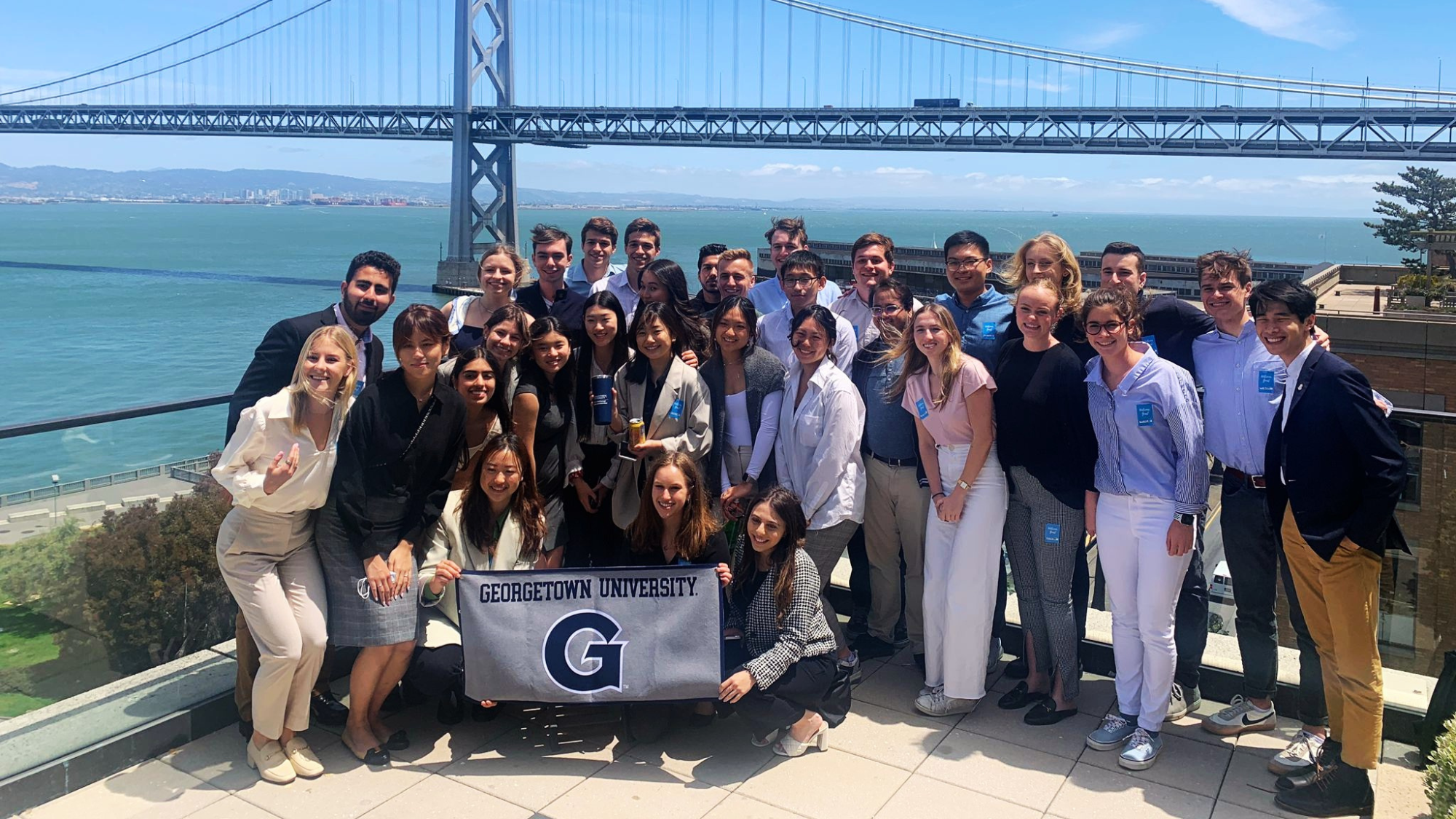 B.S. in Business and Government Affairs students in front of the Golden Gate Bridge on their trip to San Francisco.