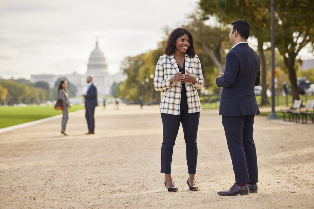 MBA students on the national mall talking
