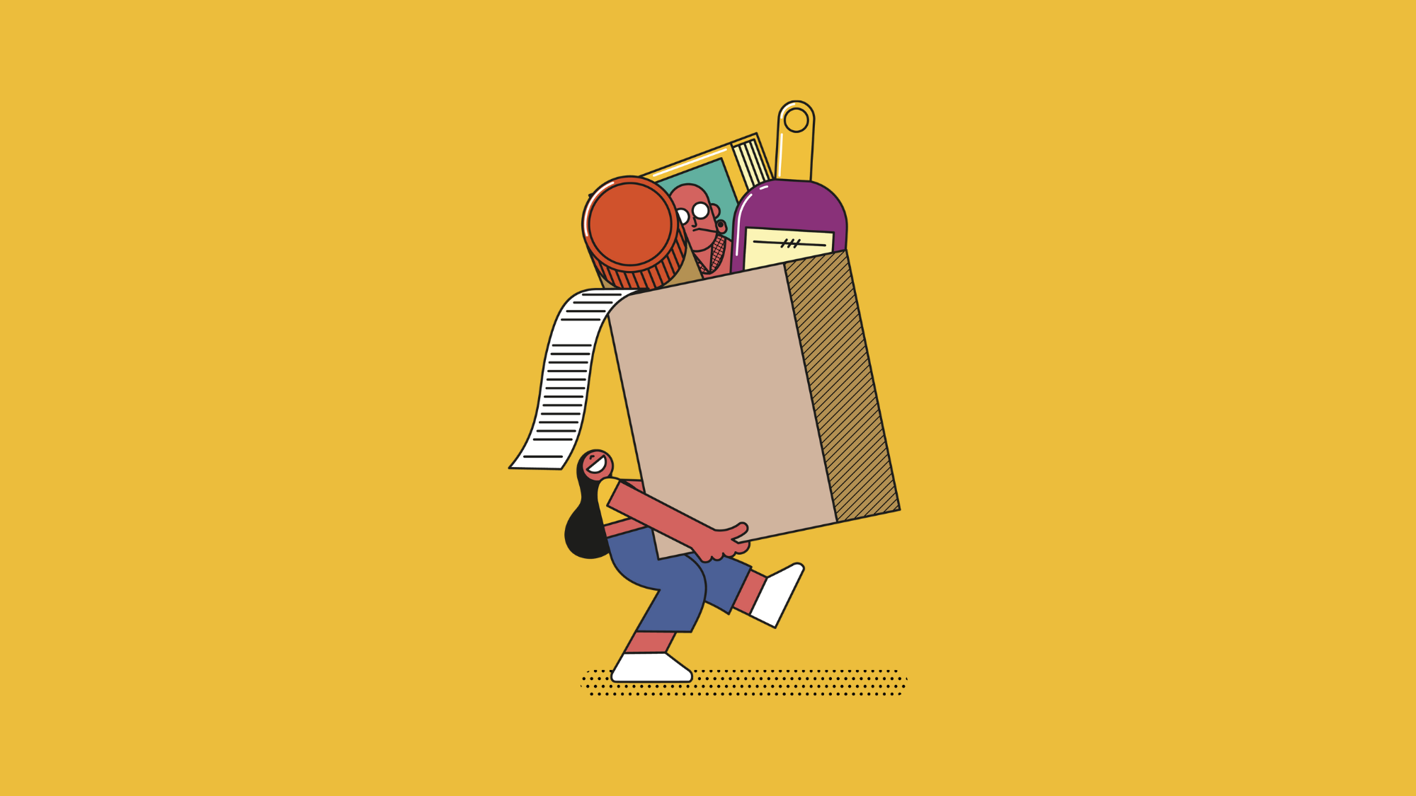 Graphic of a person carrying a box of purchased products.
