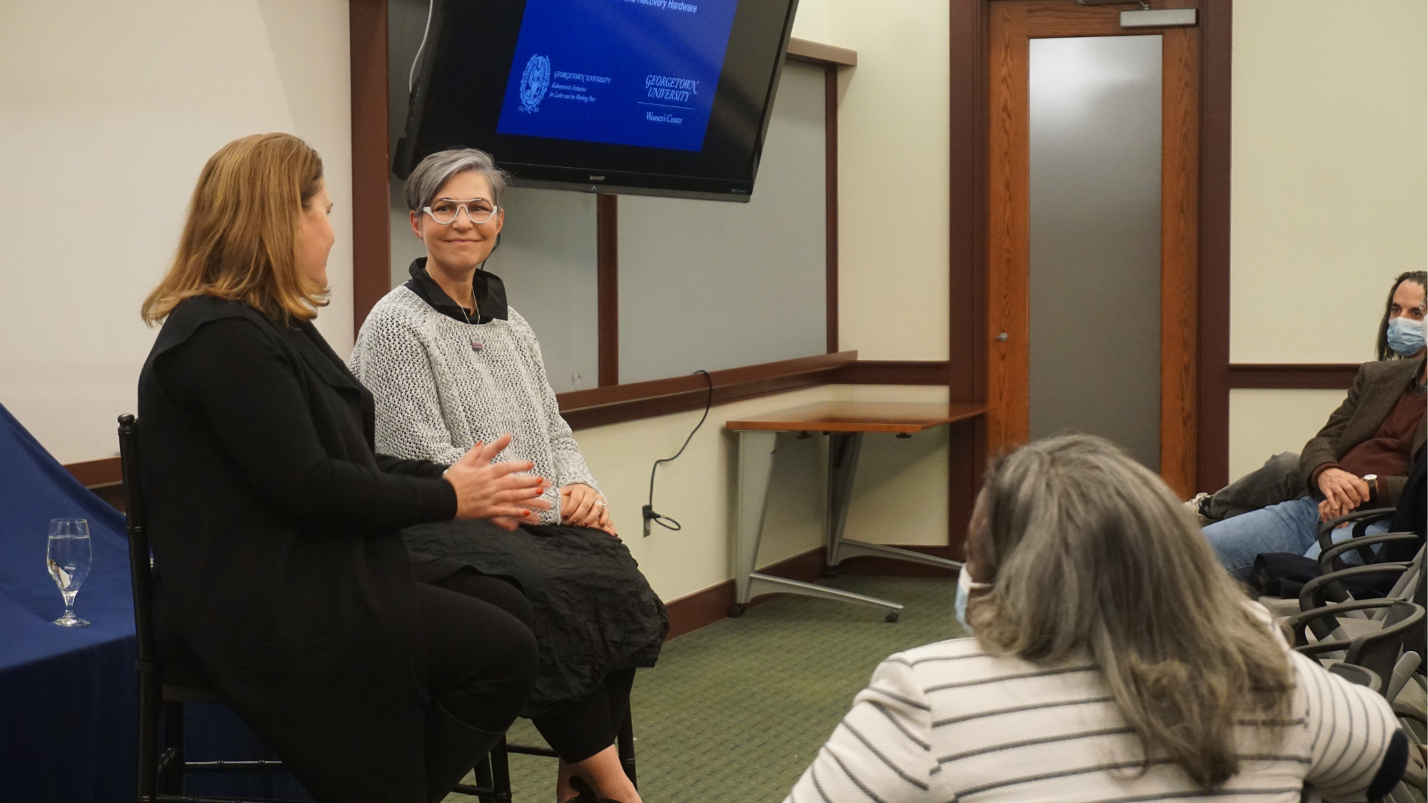 CEO and co-founder of A Few Cool Hardware Stores, Gina Schaefer, speaks with founding director of the Solidarity Economy Workshop at Georgetown's Kalmanovitz Initiative for Labor and the Working Poor, Dawn Carpenter (SCS'20), at a Stanton Distinguished Leaders Series event in February.