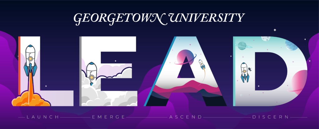 Georgetown LEAD, Launch, Emerge, Ascend, Discern logo with space like imagery
