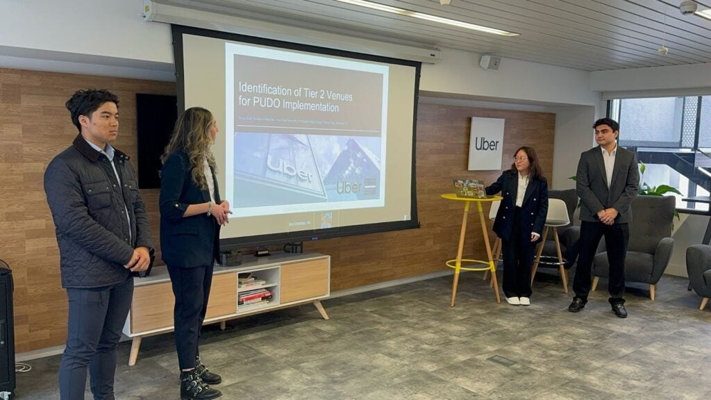 Students presenting their global capstone projects with Uber Spain