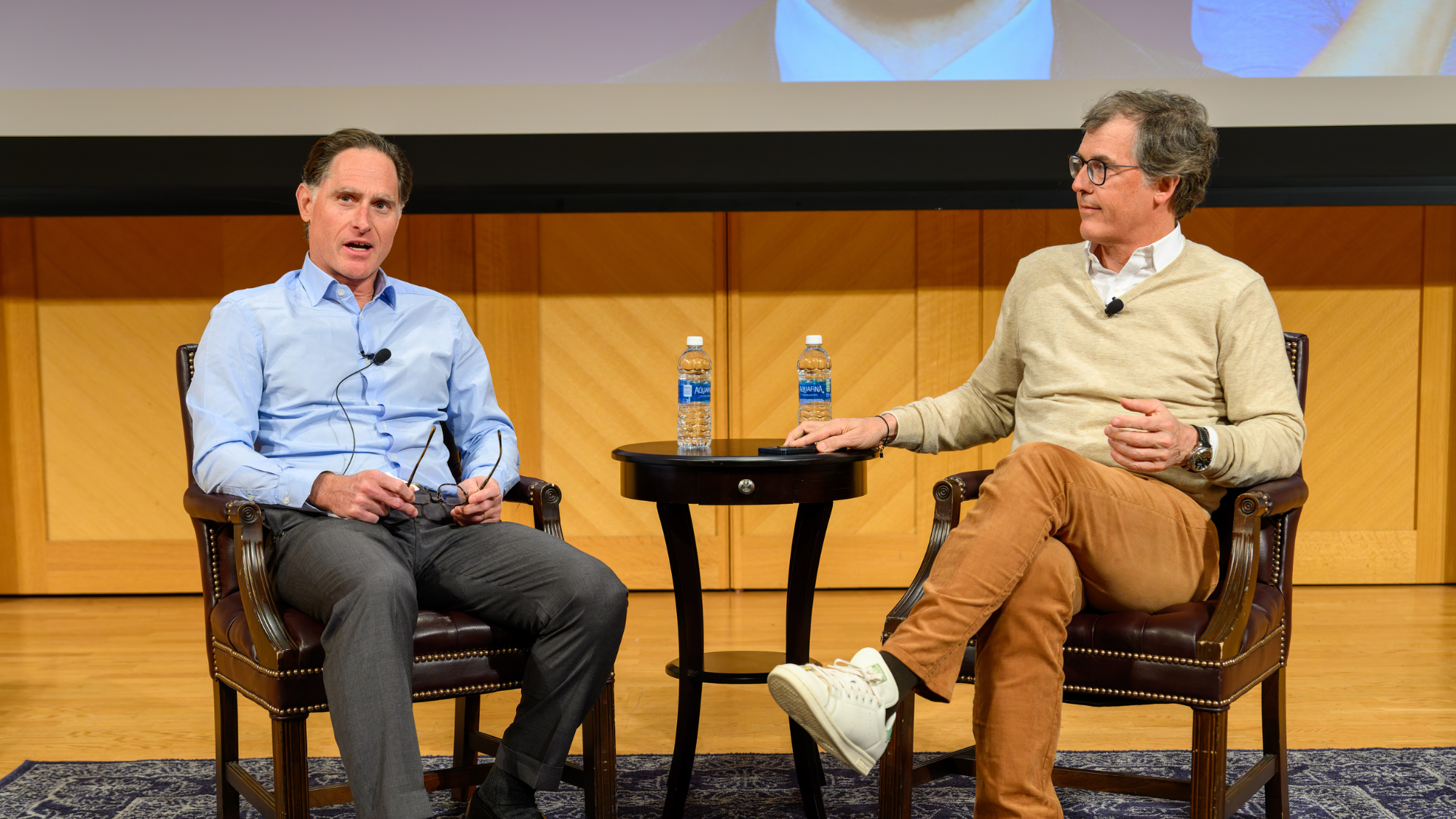 Joseph Baratta and Philippe Laffont speak during the CEO Signature Series, hosted by the Baratta Center for Global Business at Georgetown McDonough