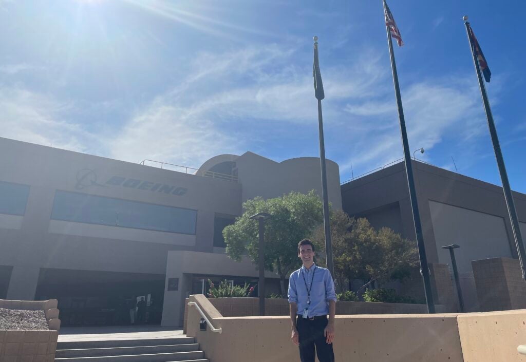 Hogan outside of the Boeing building in Mesa, Arizona 