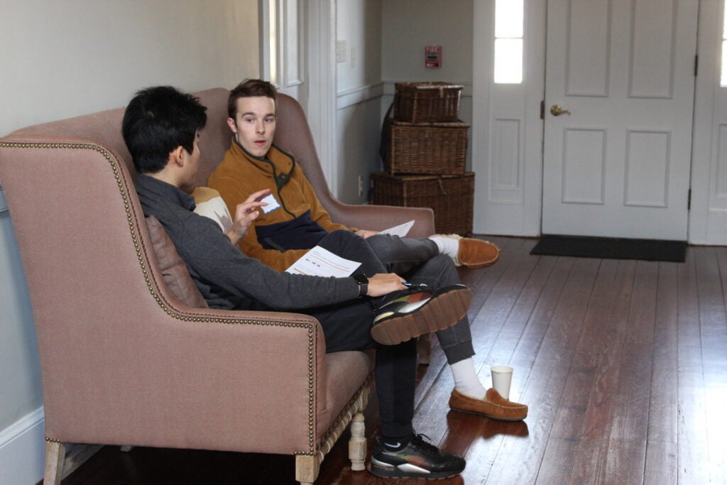 Two students talking during a retreat