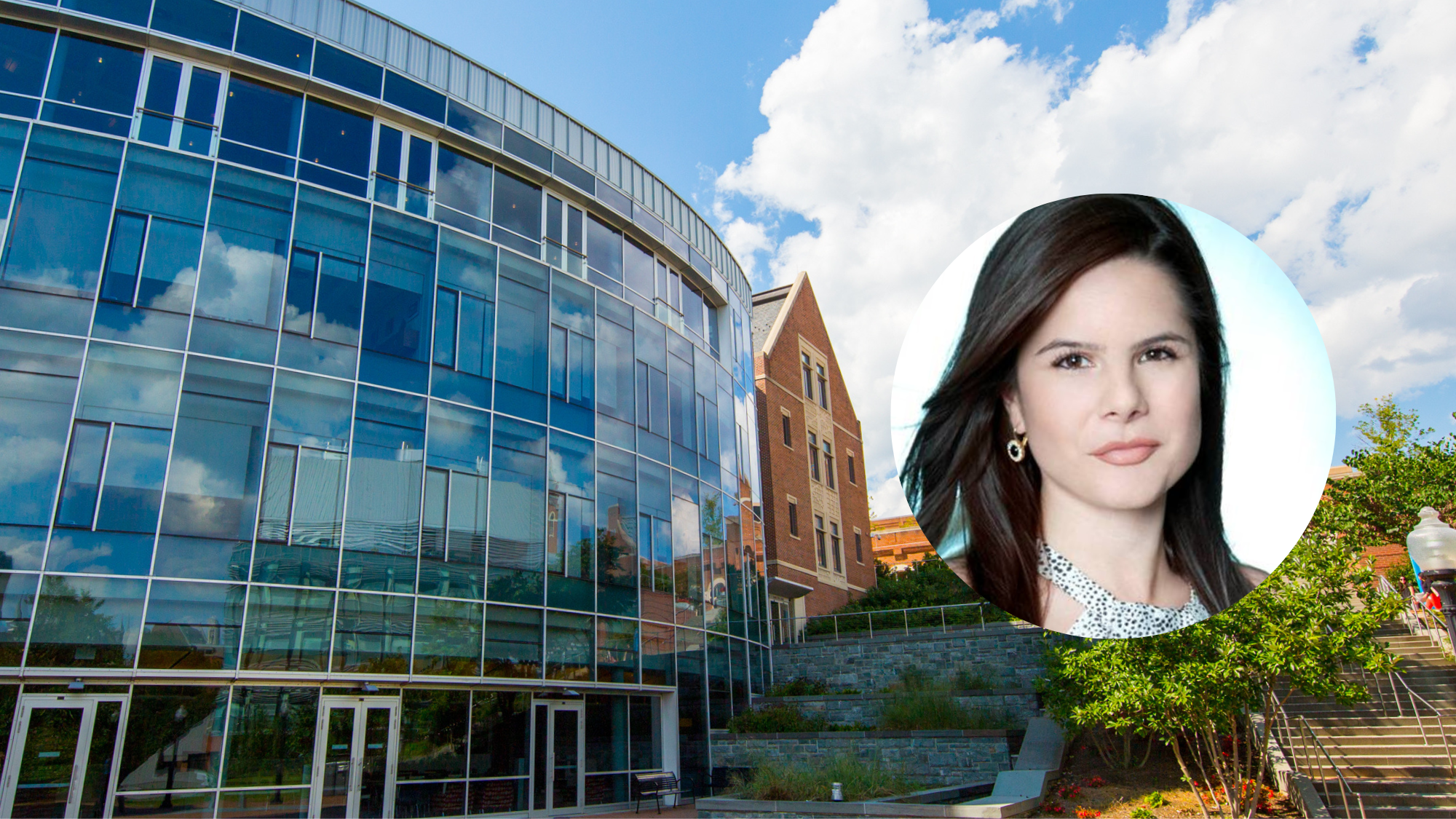 Headshot of Dana Kanze in front of the Rafik B. Hariri building.