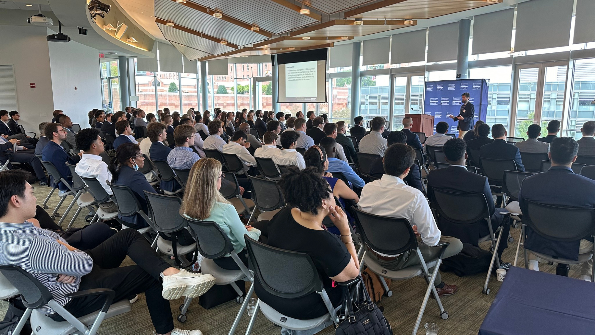 The MSF incoming Class of 2024 at their orientation in the Fisher Colloquium at Georgetown's McDonough School of Business