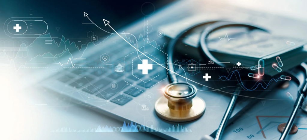 Healthcare business graph and data of Medical business growth and gold stethoscope of doctor on laptop, investment, financial and banking, Medical business report on global network.