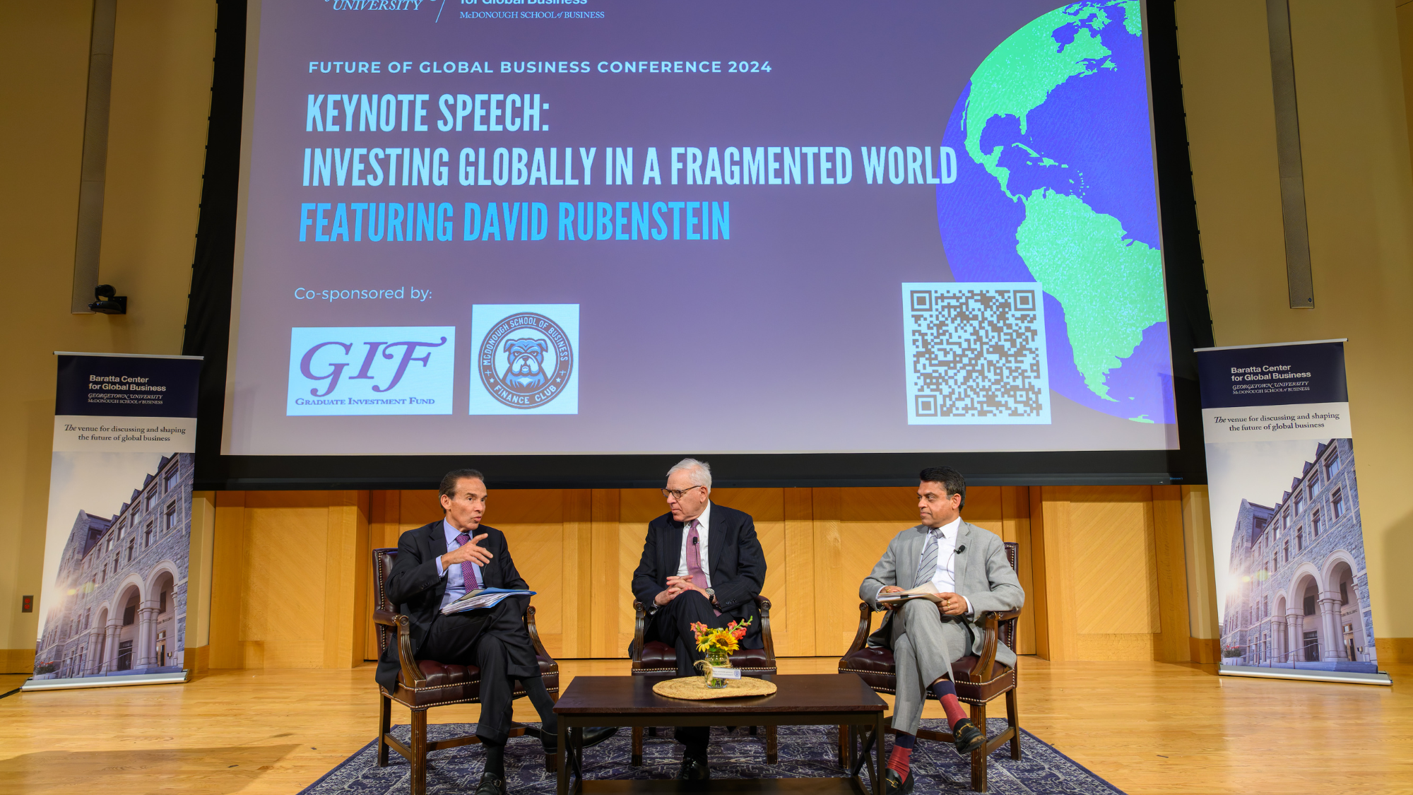 Anil Khurana and Ricardo Ernst speak with David Rubenstein at the annual Baratta Center conference