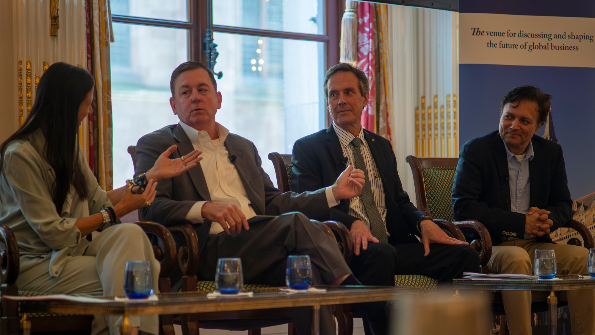 Sean Callahan, president and CEO of Catholic Relief Services; Gally Mayer (B'93), co-founder of Buena Vida Specialty Coffee; Barron Segar, president and CEO of World Food Program USA; and Rajiv Singh, co-chair of FoodShot Global and founder and managing partner of New Epoch Capita