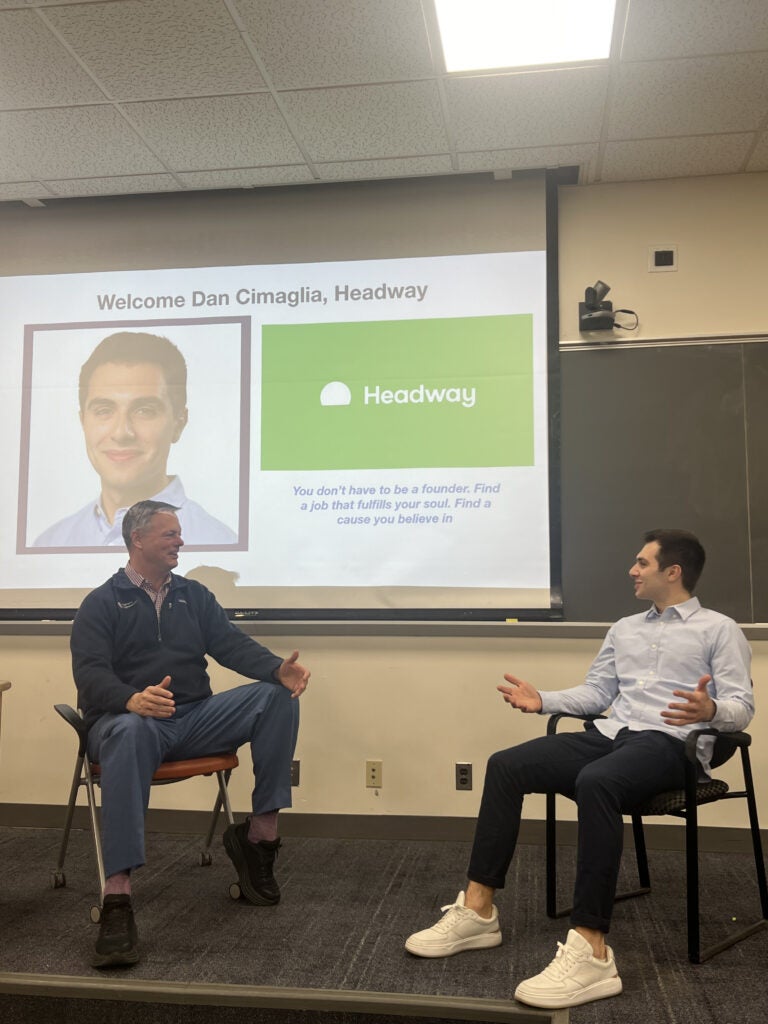 Dan Cimaglia speaking to first-year students in the Entrepreneurship and the Jesuit Tradition seminar, taught by Jeff Reid.