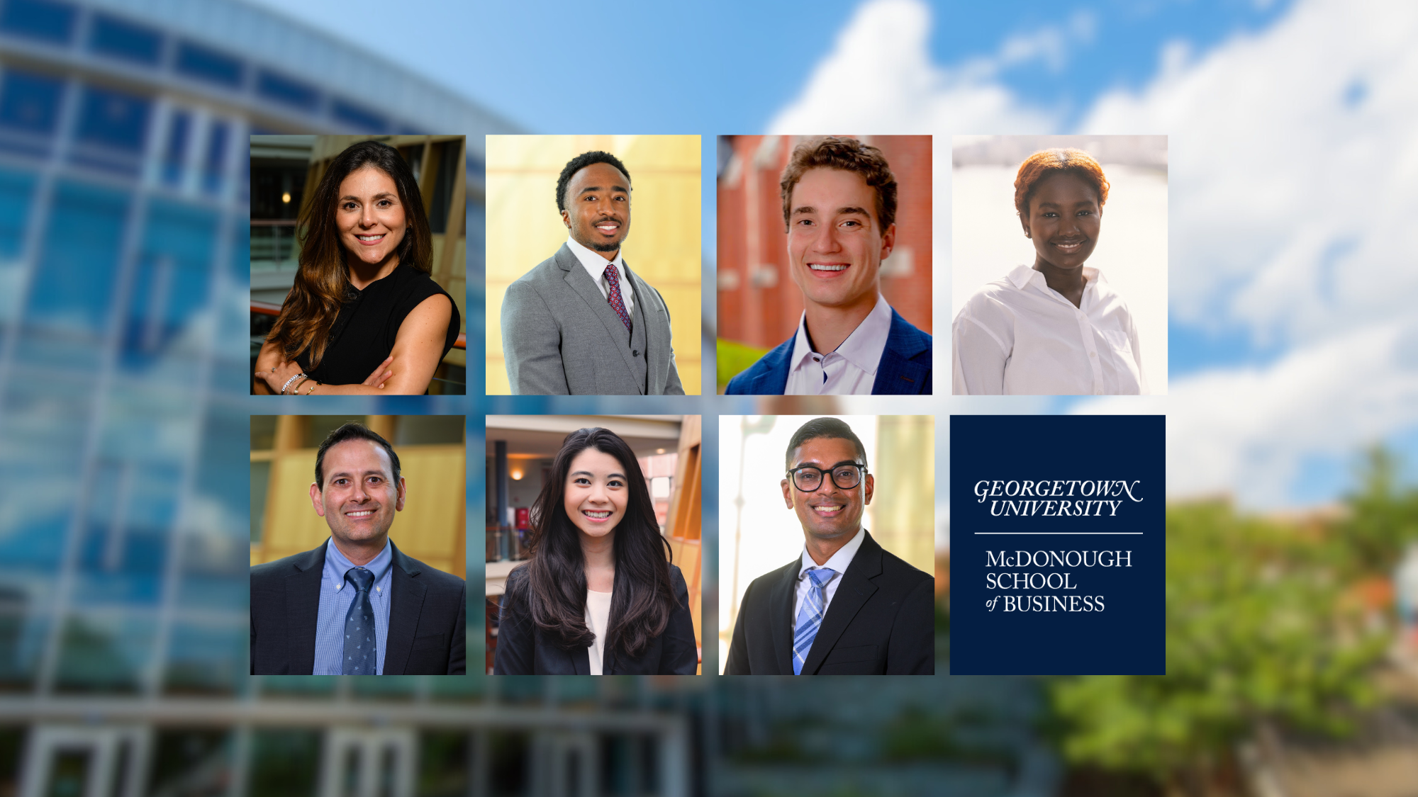 McDonough Student Ambassadors with the Hariri building in the background