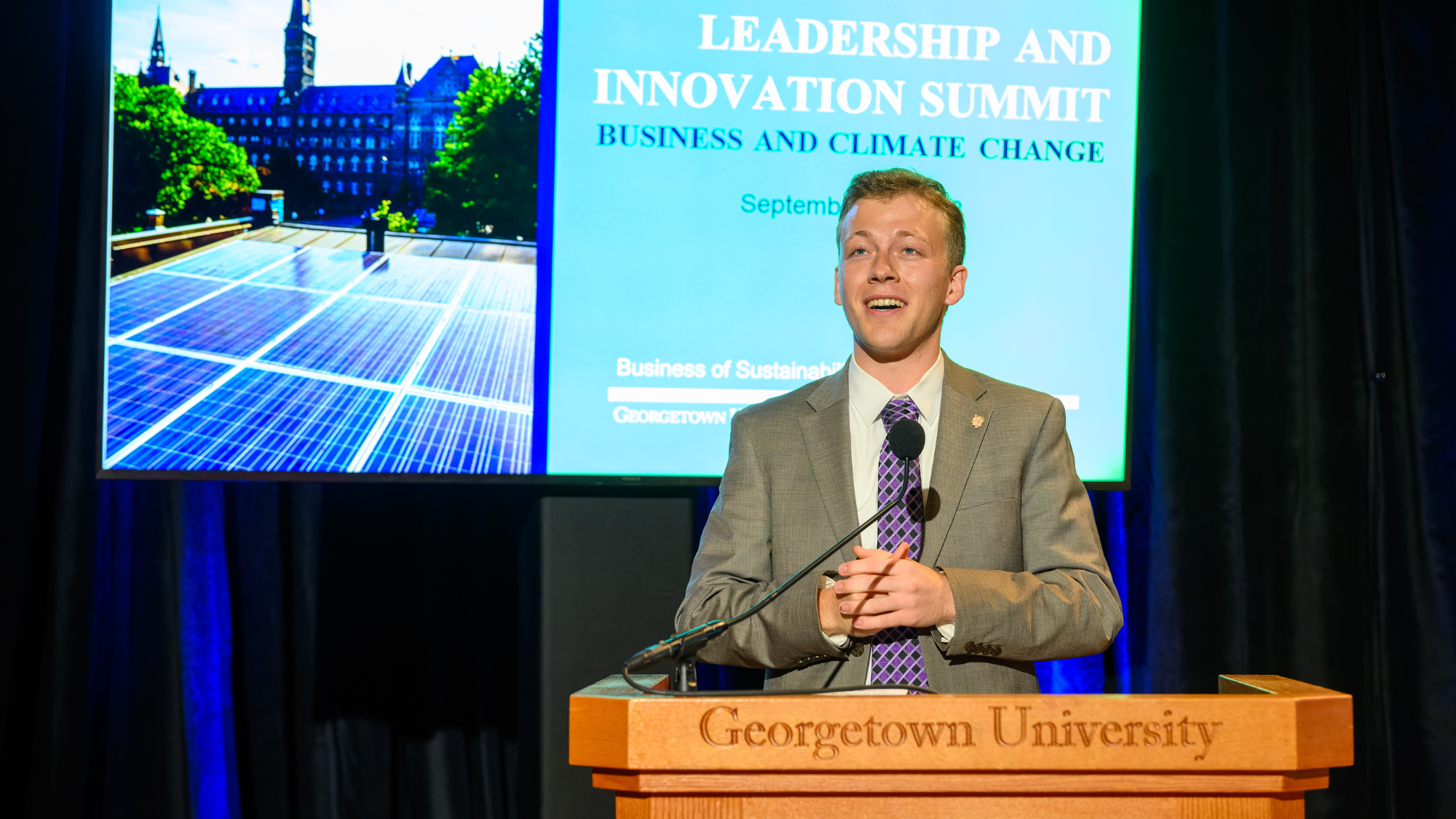 Clayton Pokorny (ESM'23) speaks at the 2023 Business of Sustainability Leadership and Innovation Summit