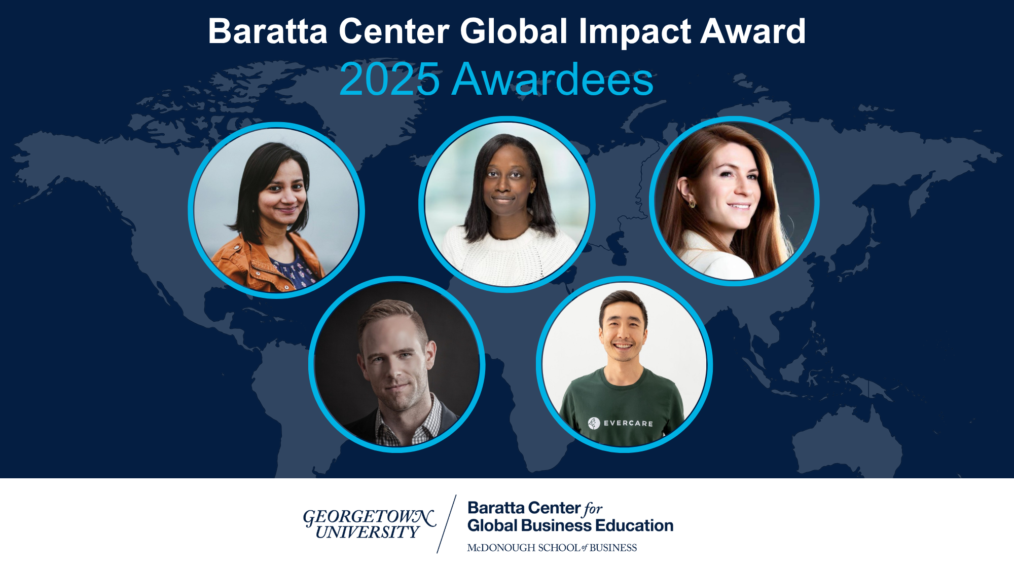Design with five headshots of the Baratta Center's 2025 Global Impact Award winners