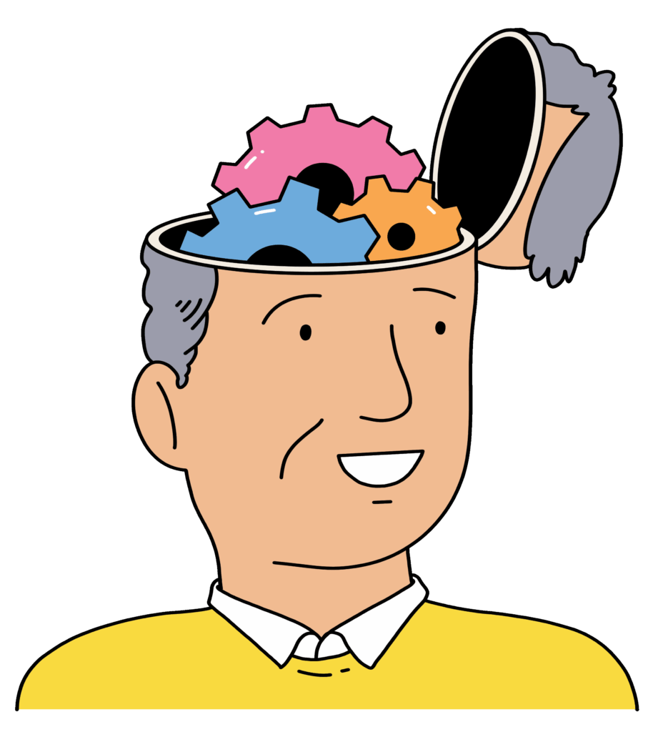 An illustration of a man with the inner workings of his brain -- depicting how people can understand your core expertise
