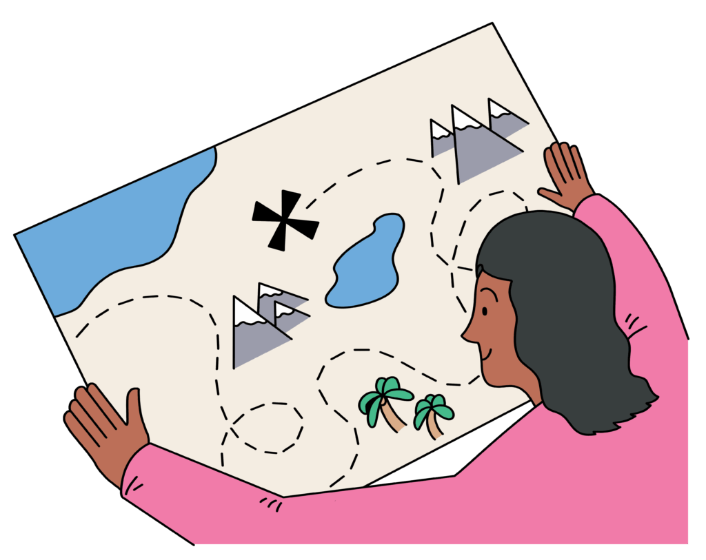 An illustration of a woman looking at a map 