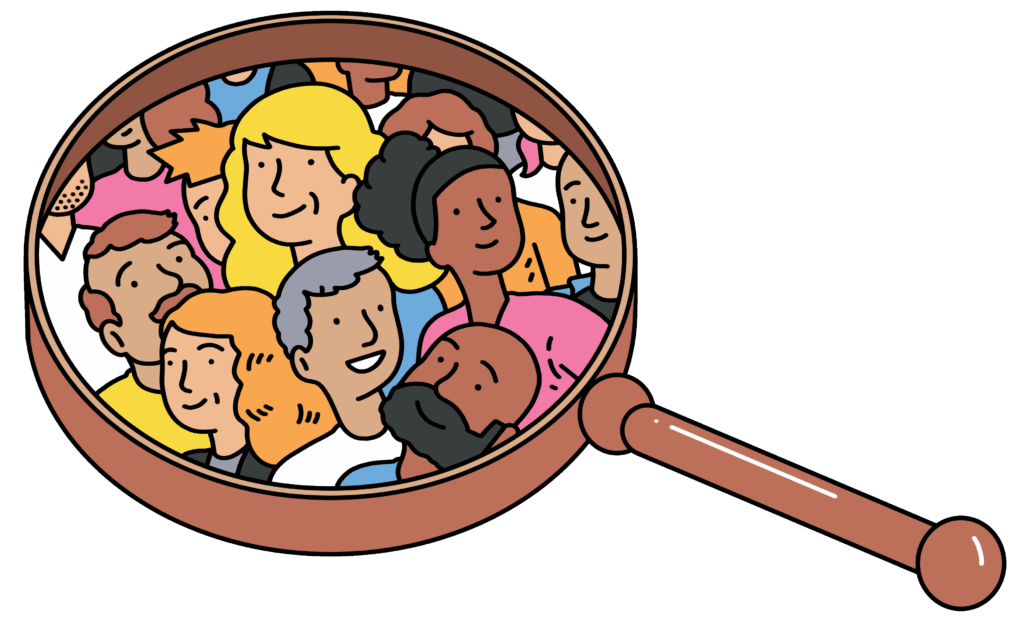 An illustration of a magnifying glass with people in it