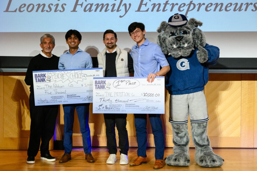 Bark Tank winners, The Petition Co, with Ted and Zach Leonsis and Georgetown bulldog mascot