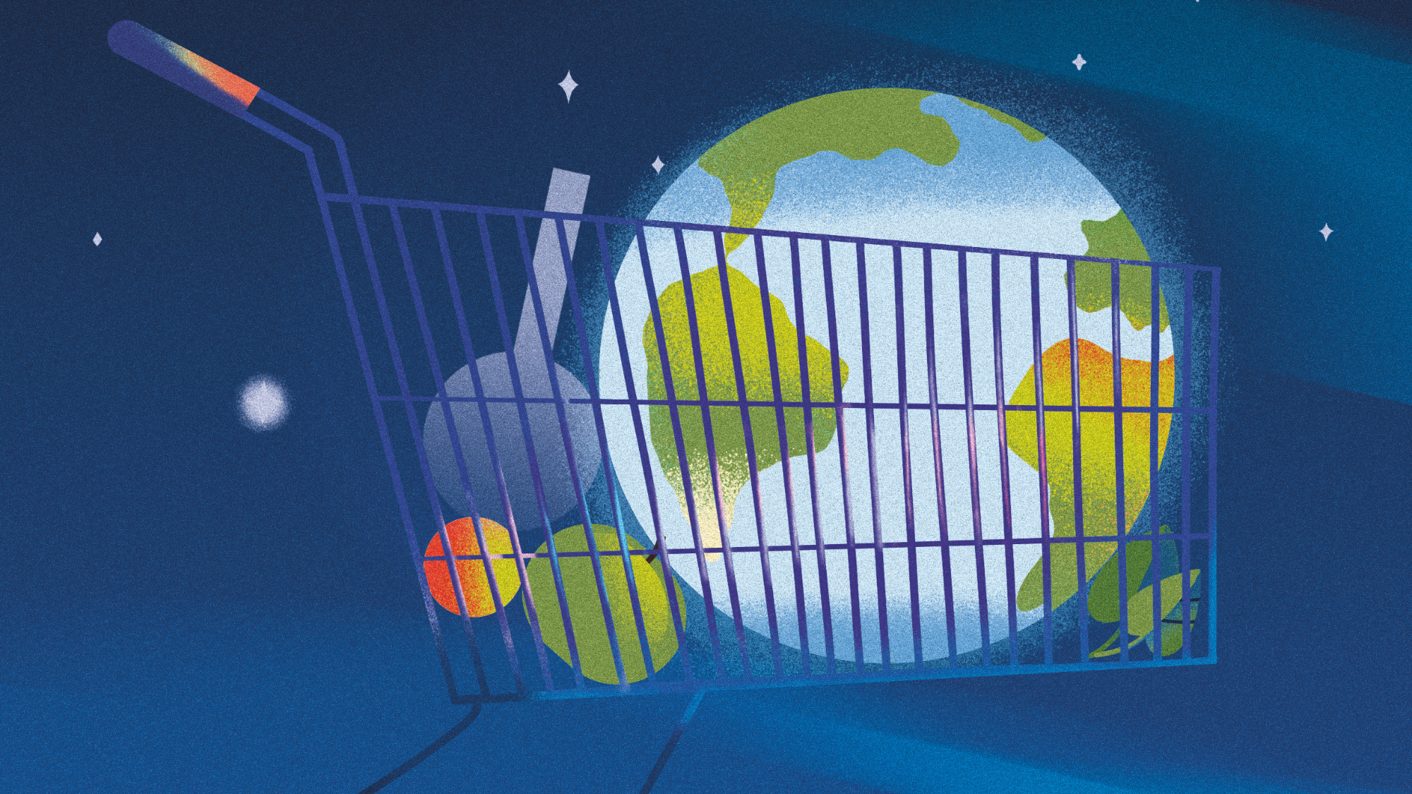 An illustration depicting the world in a shopping cart with other green items for a research column about eco-friendly products and global environmental standards.