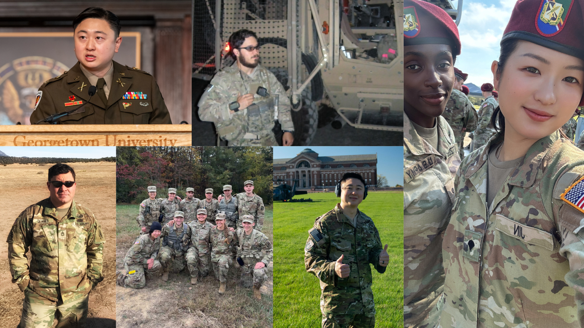 A collage of grad students in military fatigues.