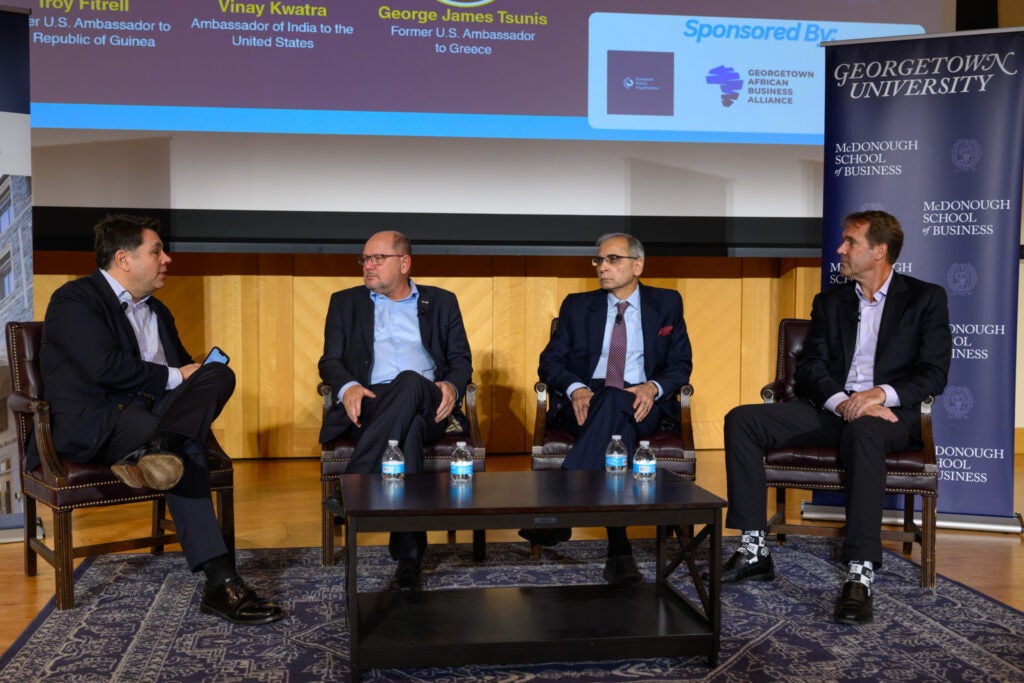 Ambassador panel with George Tunis (left), Urban Ahlin (center left), Vinay Kwatra (center right), and Troy Fitrell (right) at Baratta Center conference