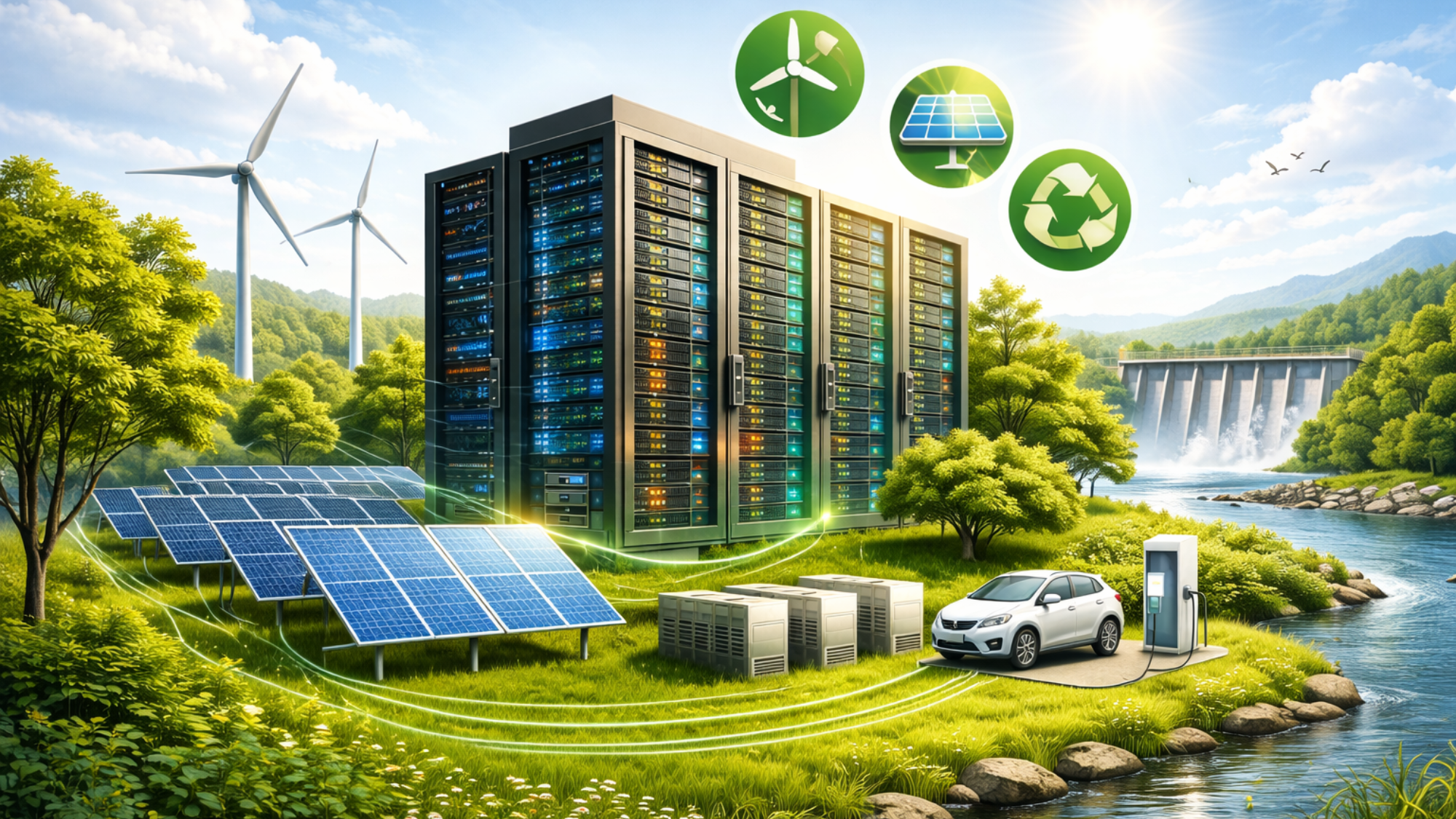 Image generated using artificial intelligence (OpenAI DALL·E) to illustrate sustainable data center infrastructure.