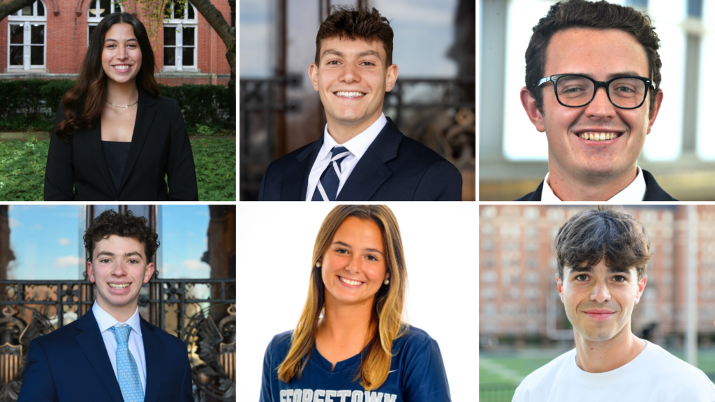 A grid with six of the inaugural Sports Business Fellows: Top row (left to right): Julia Bach (B'28), Justin Greenzaid (B'27), Grayson Hill (B'27); bottom row (left to right): Andrew Kassel (B'29), Bella Little (B'29), Jordi Sada-Paz (B'28)