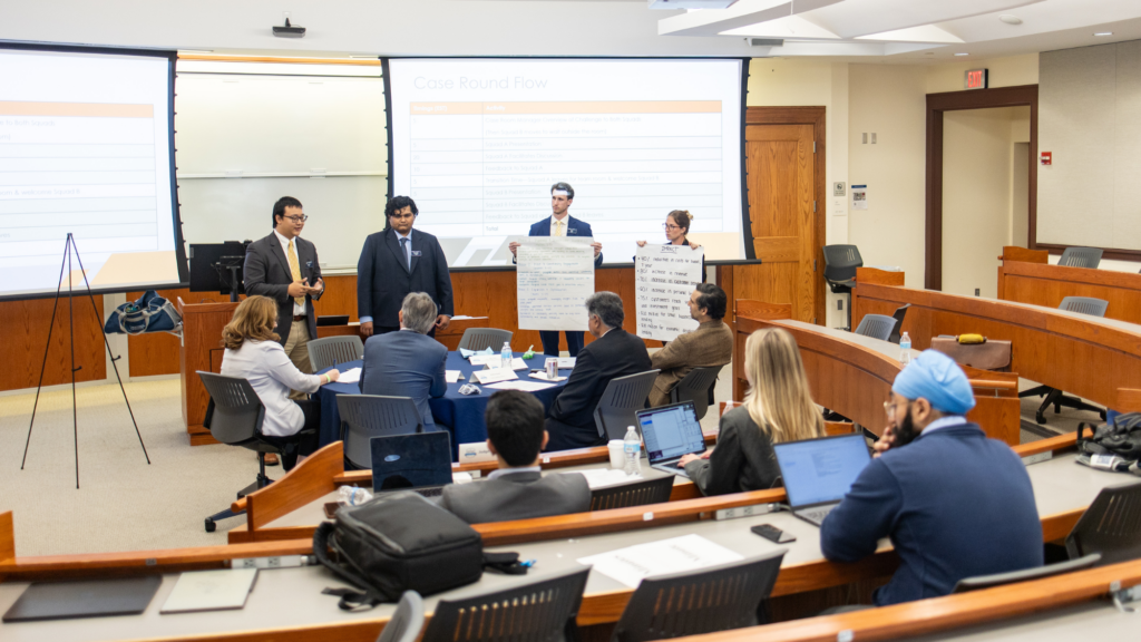 Students presenting their case to alumni judges during the MBA Executive Challenge.