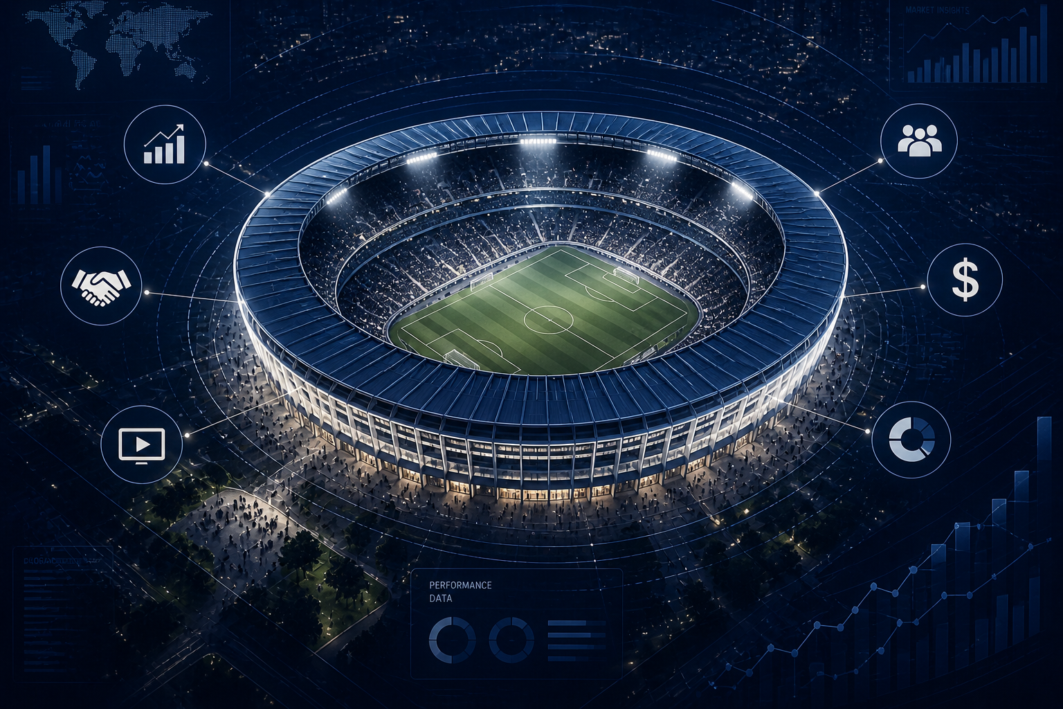 A stadium with icons surrounding it.