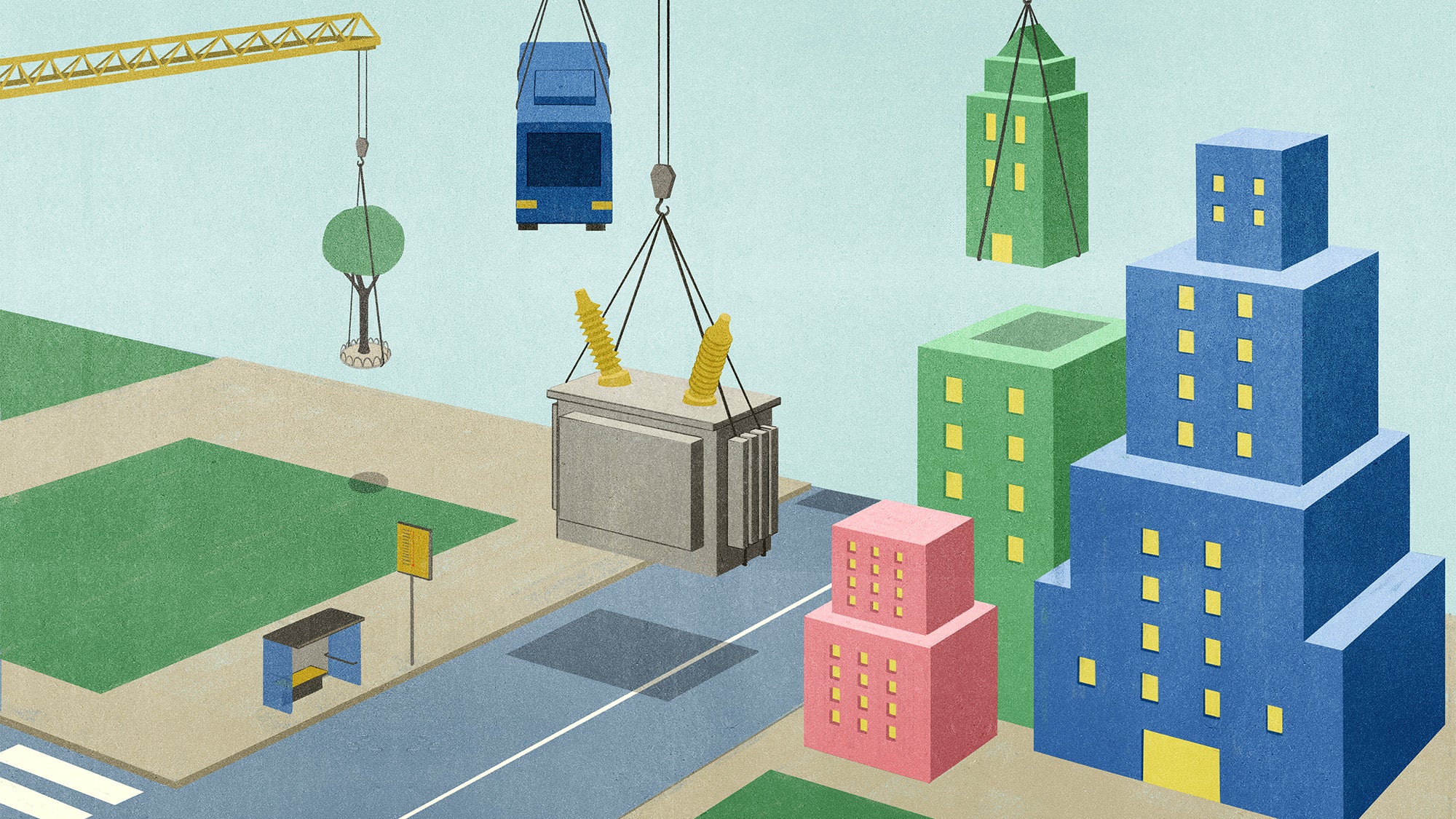 An illustration with cranes lowering buildings, energy systems, and other infrastructure to create the