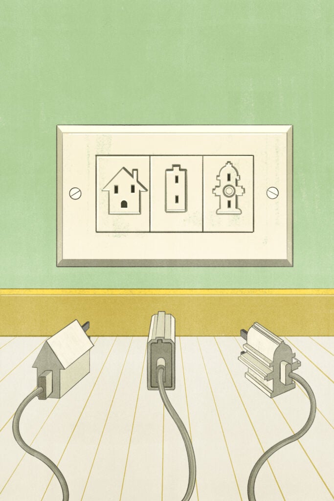 Illustration with a hole and socket depicting plugs for housing, electricity, and water
