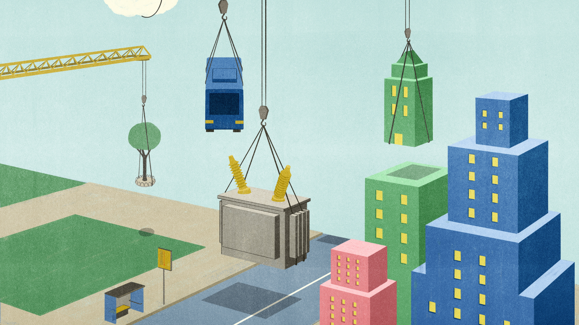 Illustration for Georgetown Business depicting the layers of housing, infrastructure, and energy needed to build the Cities of Tomorrow 