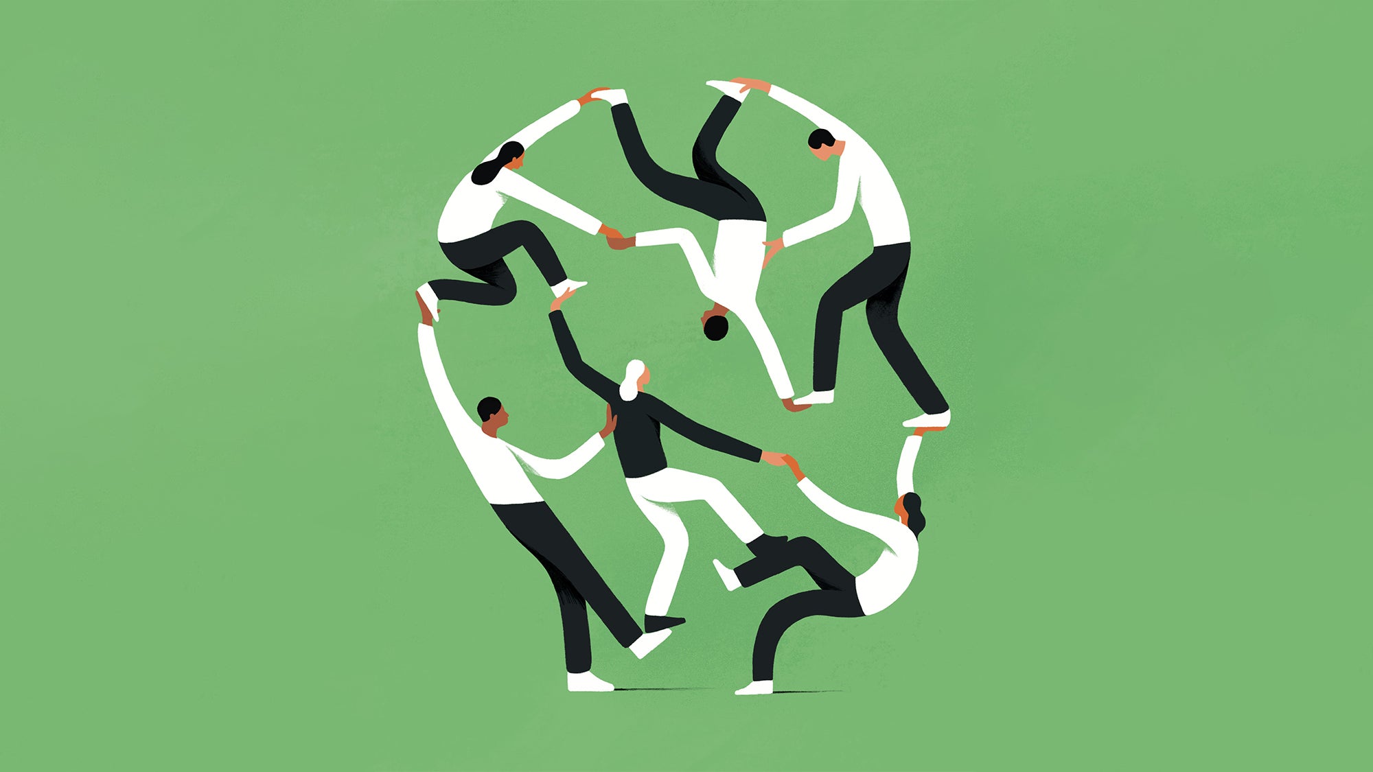Image depicting adapability and shared communication. There are people holding hands to form a human head on a green background.