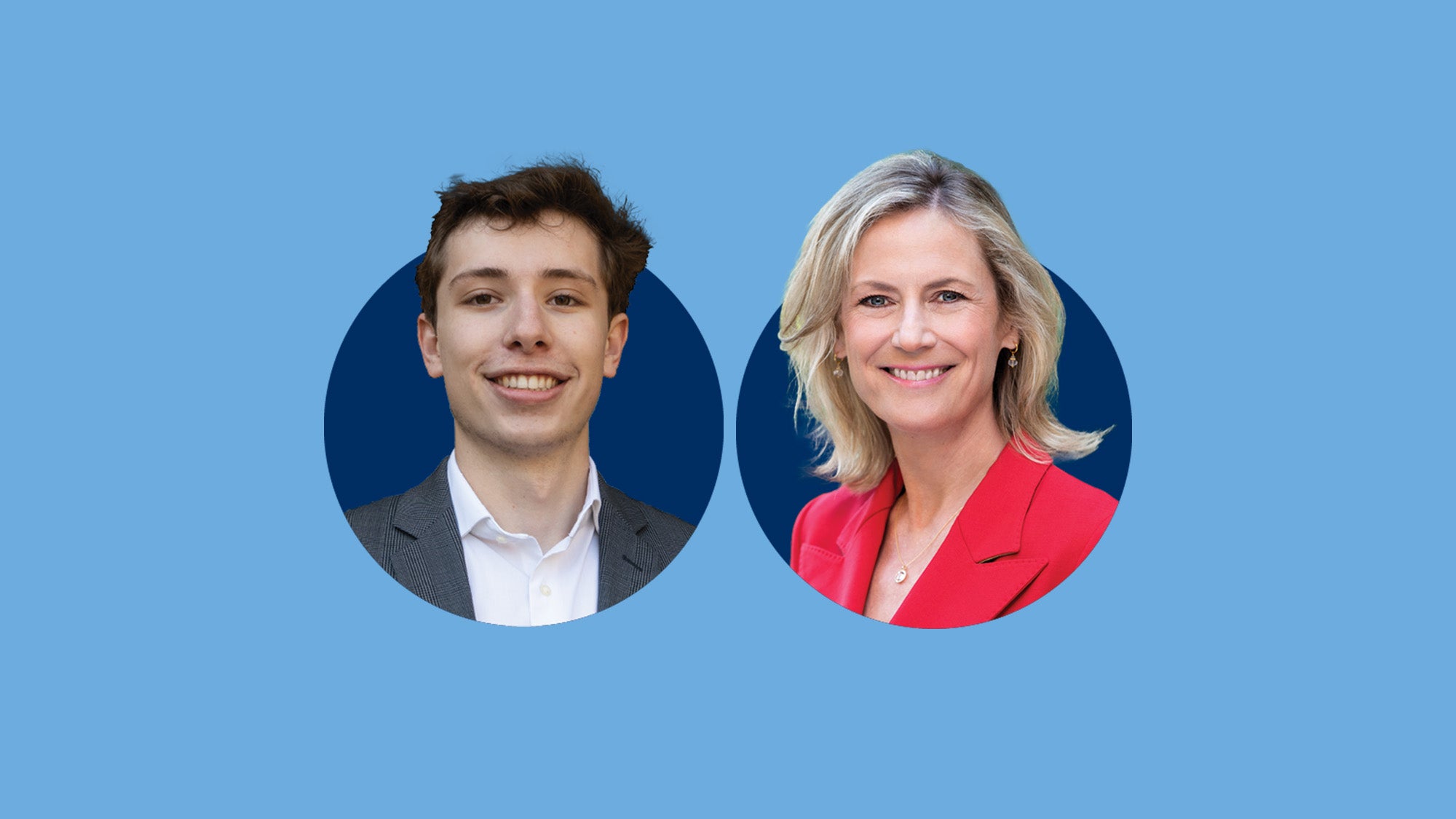 Two headshots featuring alumna Ann Sarnoff (B'83) and student Joey Tigiani (B'26) on a blue background