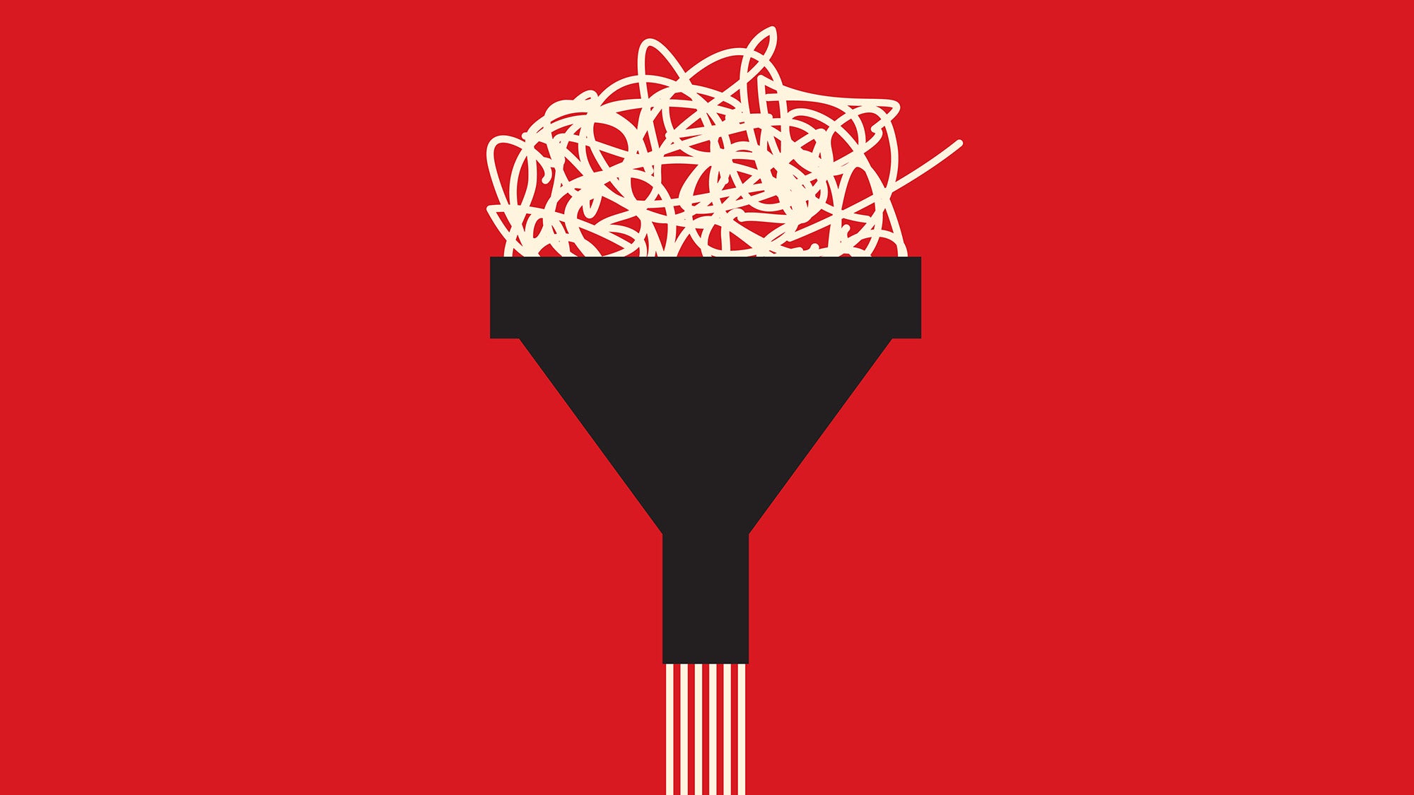 An illustration on a red background that shows how a variety of information is filtered down a funnel to feed social algorithms