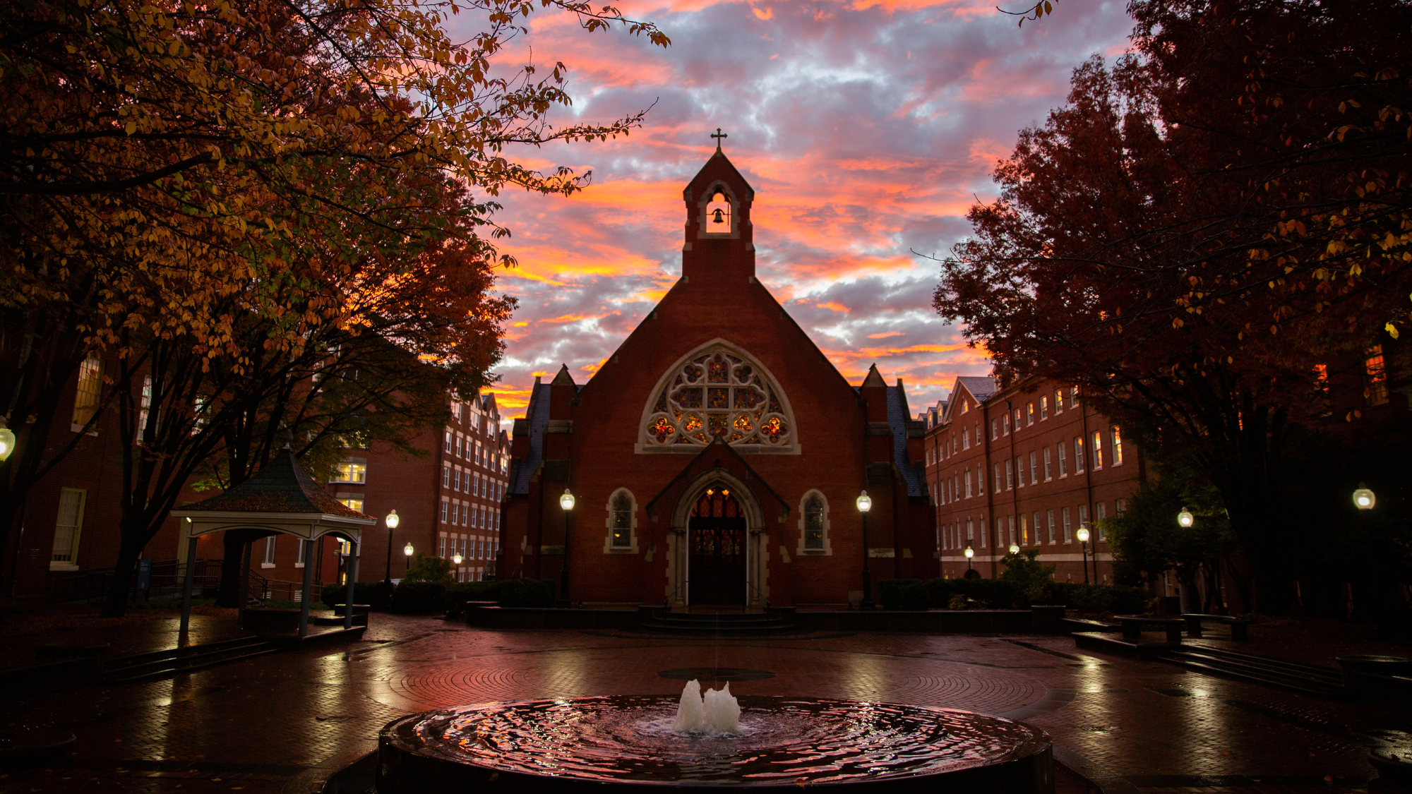 Sunset over the Dahlgren Chapel at Georgetown University