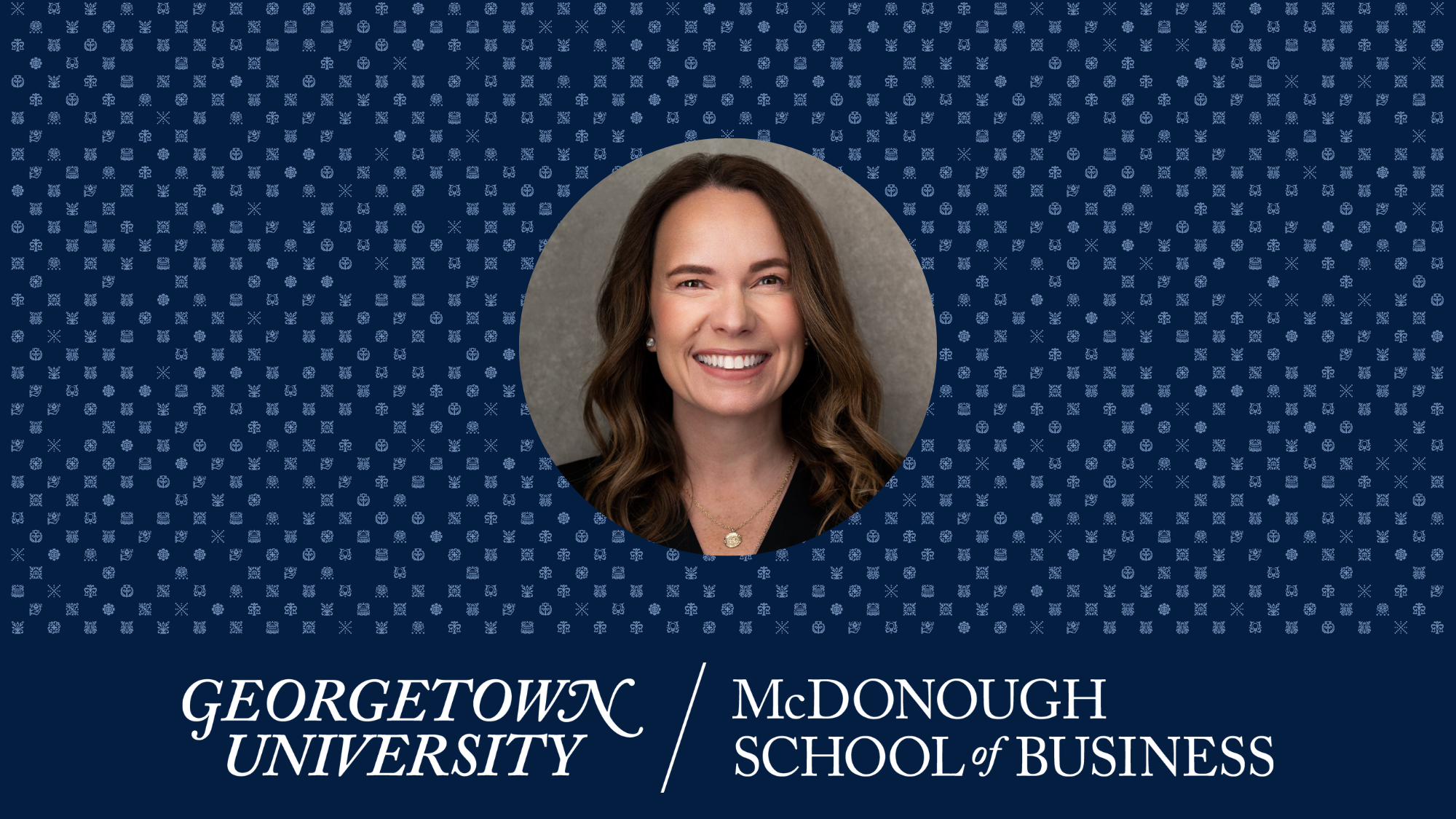 Kelly Sewell Nagel headshot on top of blue background with Georgetown McDonough icons