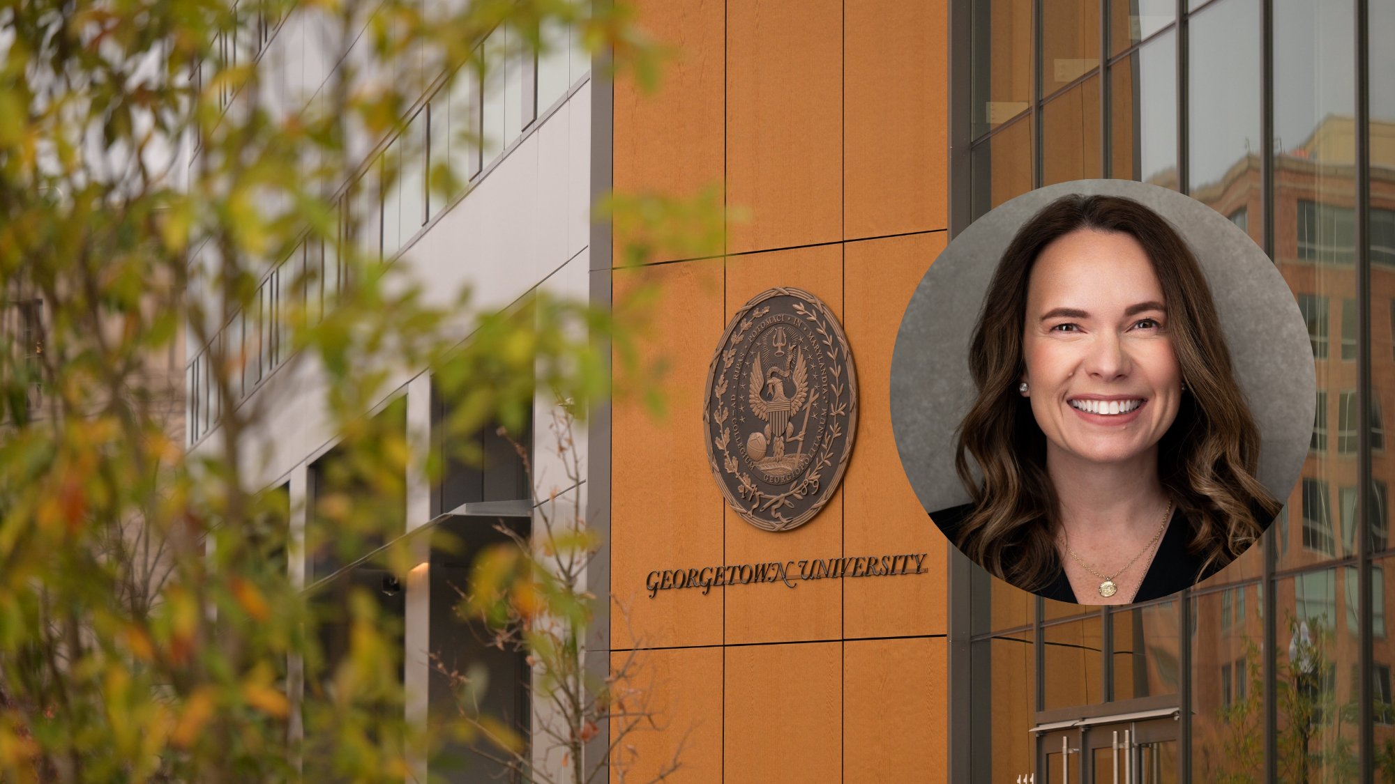 Georgetown's 111 Mass. Ave Building on Capitol Campus with headshot of Kelly Sewell Nagel